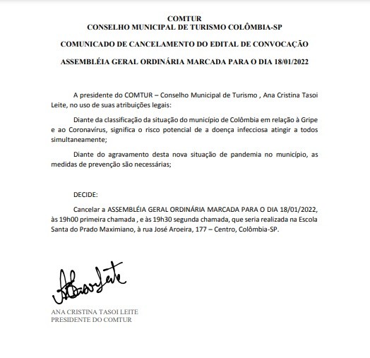 COMUNICADO DE CANCELAMENTO DO EDITAL DE CONVOCAÇÃO ASSEMBLÉIA GERAL ORDINÁRIA MARCADA PARA O DIA 18/01/2022 